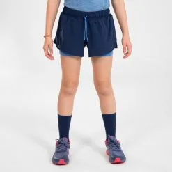 Pantalón Corto Mallas Running Transpirable Niña - KIPRUN DRY+ 2 En 1 Tejano Y Malva -CAMINAR comercio pantalon corto mallas running transpirable nia kiprun dry 2 en 1 azul marino y azul